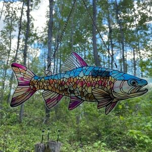 Suncatcher Acrylic Rainbow Trout Fish Wildlife Nature Faux Stained Glass Gift